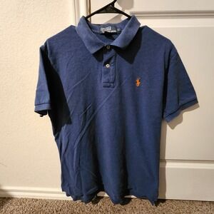 Polo Ralph Lauren Men Navy Blue Short Sleeve Polo Shirt Orange Pony Logo Size L